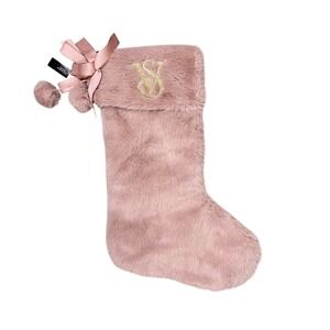 Victoria's Secret NWT Pink Faux‎ Fur Christmas Stocking Gold VS Monogram Pom Pom